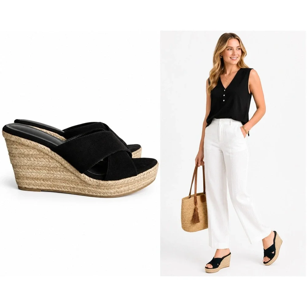 Wedge Espadrille Sandal Women 9 Black Faux Suede Jute‎ Criss Cross Platform Boho
